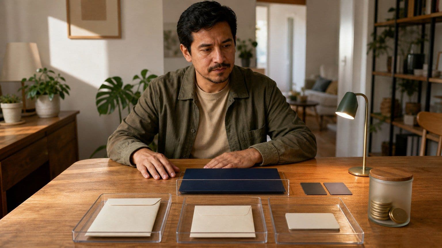 Persona preparando documentos para solicitar una tarjeta de crédito en México con comprobantes, tarjetas y ahorro sobre una mesa.