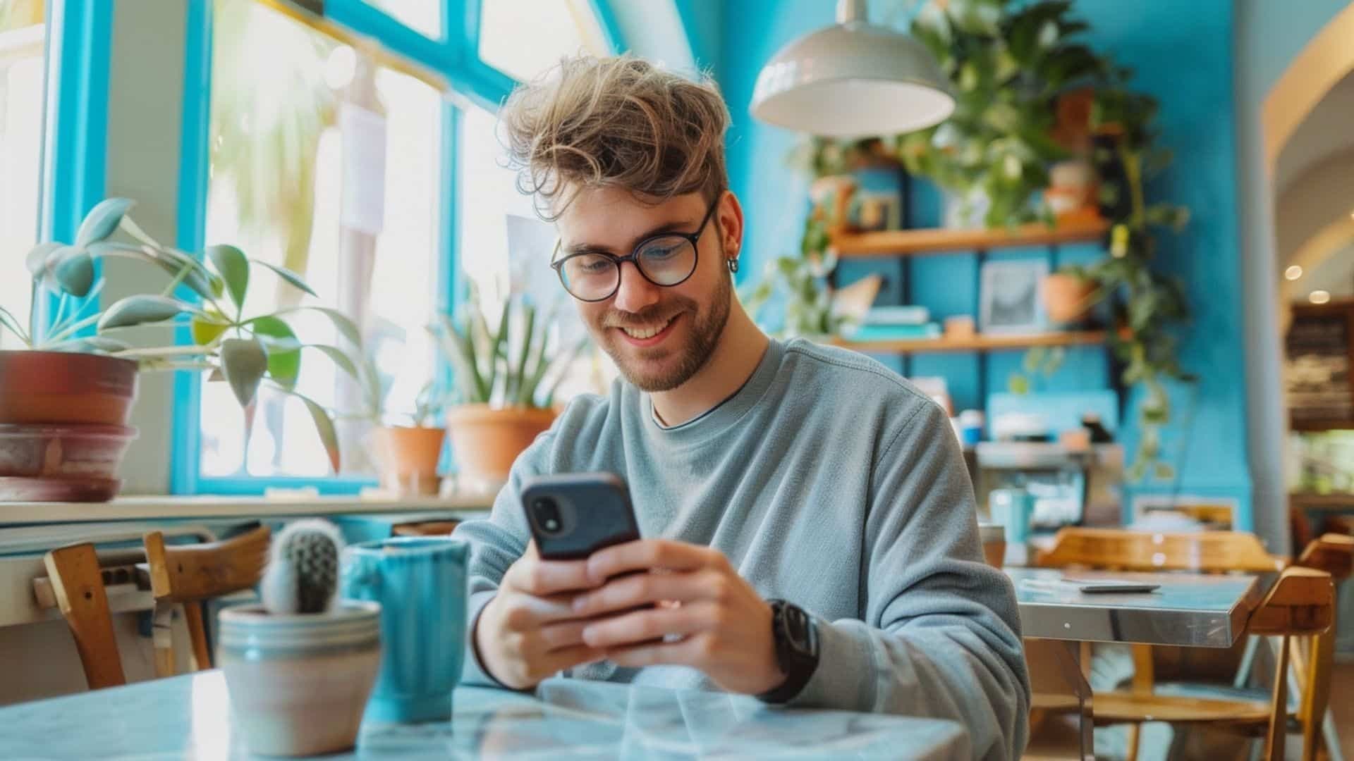 Una persona sonriendo mirando a su teléfono