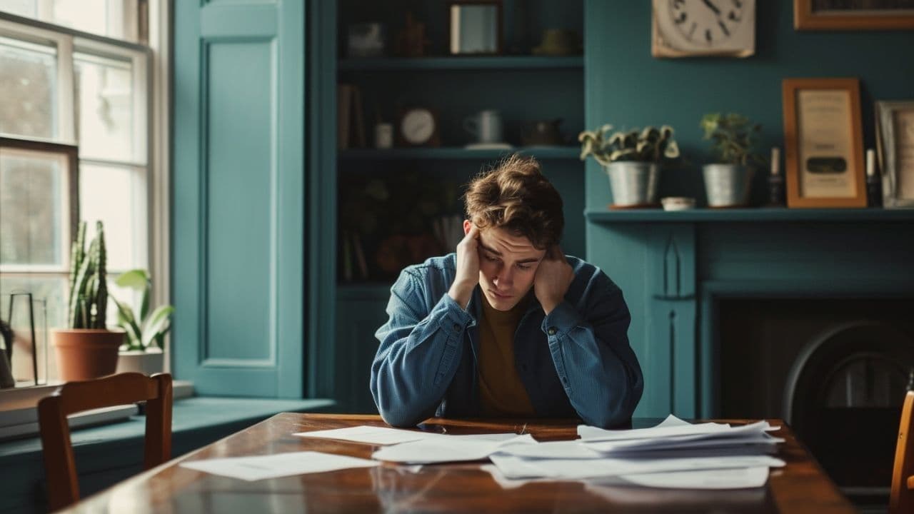 Una persona preocupada mirando documentos en una mesa