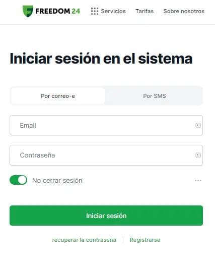 Pantalla de inicio de sesión en Freedom24