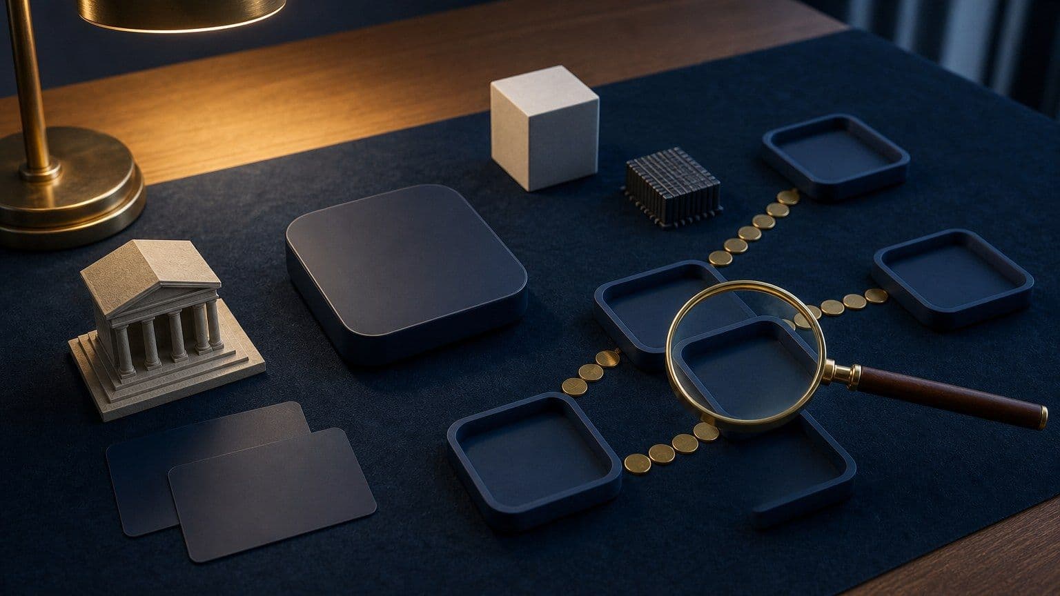 Modelo de servicios fintech con tarjetas en blanco, un chip, bandejas y discos metálicos sobre una mesa.