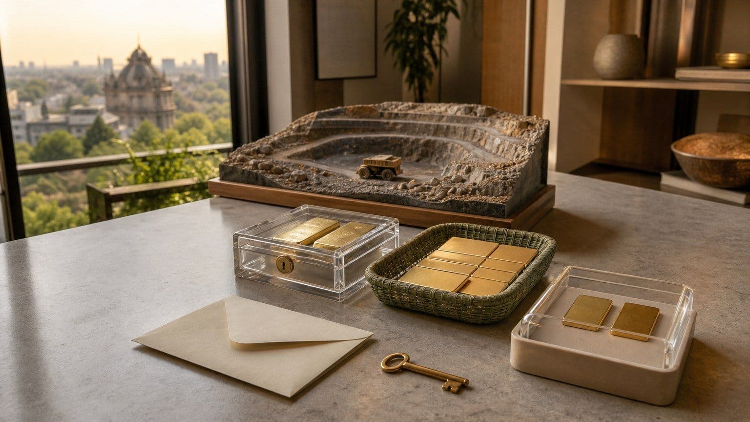 Barras de oro en custodia junto a una cesta de inversión y una maqueta minera sobre una mesa.