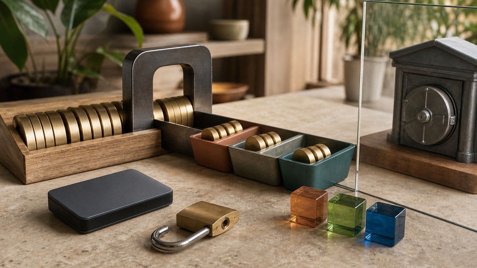Cartera de hardware, candado, bóveda y fichas digitales que representan la custodia y los riesgos de las criptomonedas.