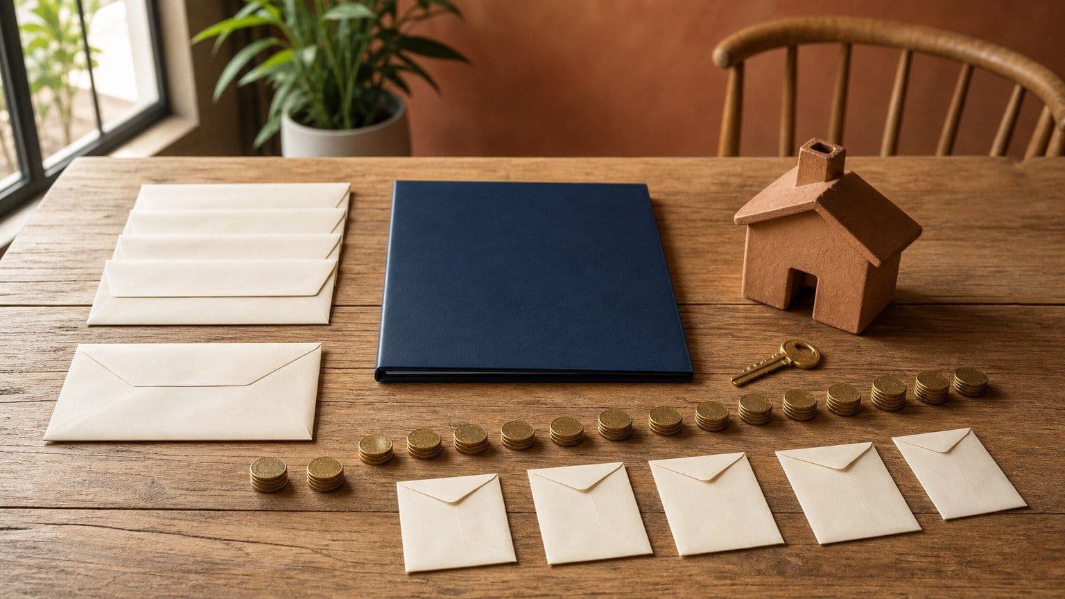 Mesa con sobres, monedas, carpeta de crédito y maqueta de casa para explicar un crédito Infonavit.