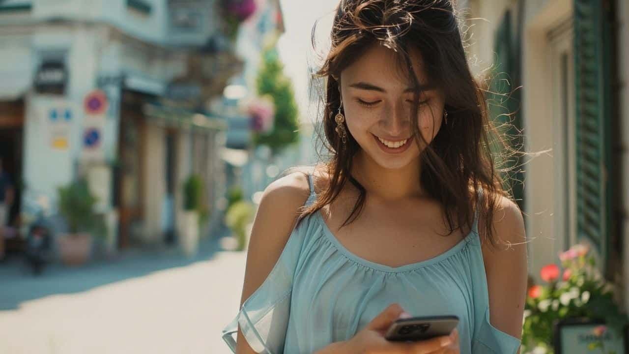 Una mujer joven mirando a su teléfono sonriendo