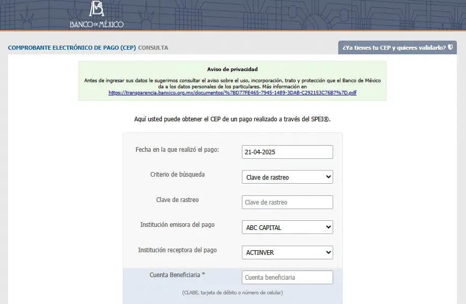 Pantallazo del Módulo de Información del SPEI® (MI-SPEI)