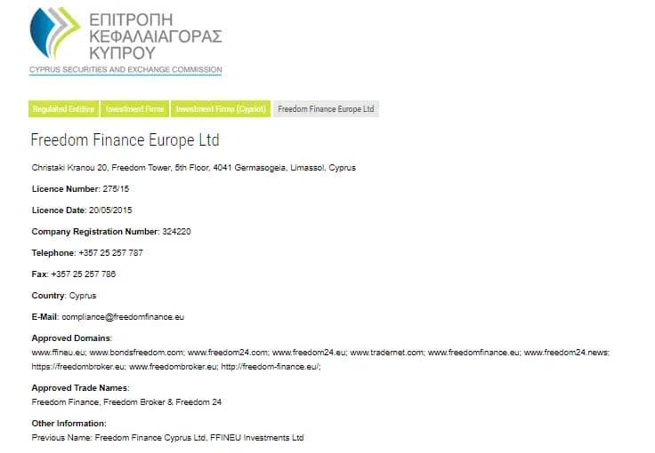 Prueba de que Freedom24 tiene una licencia de la CySEC