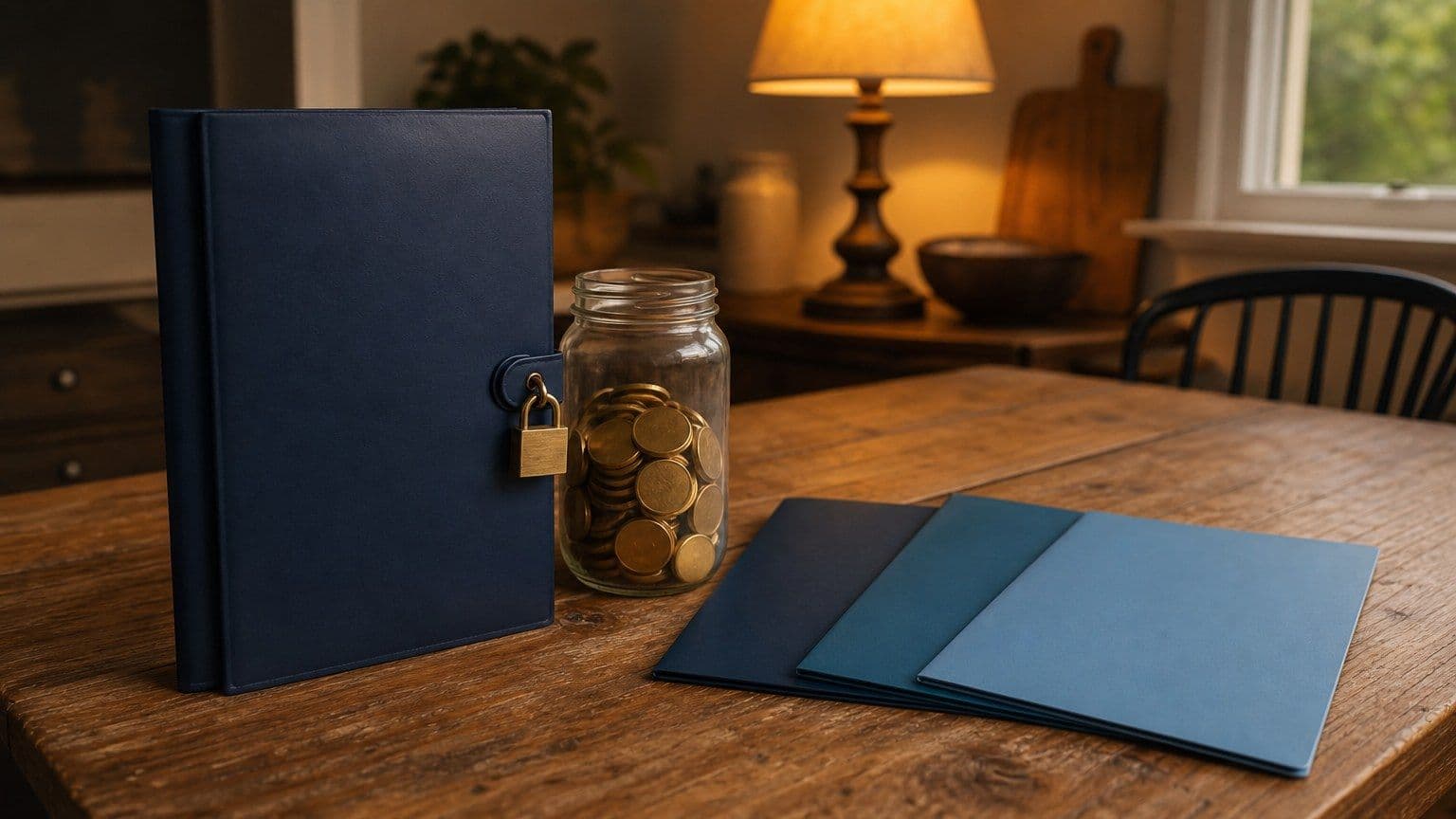 Carpeta bancaria cerrada con candado y alternativas de crédito junto a monedas.