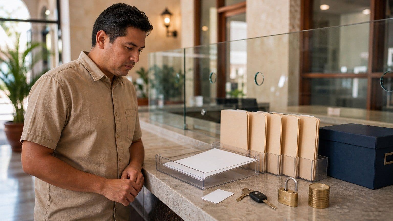 Persona revisando su expediente crediticio en un mostrador con carpetas, llaves y monedas.