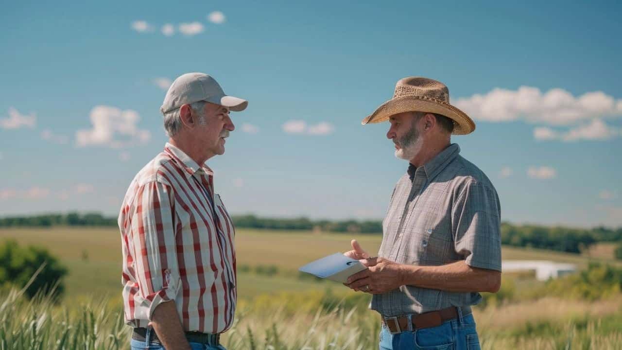 Dos emprendedores de la agricultura hablando frente al campo