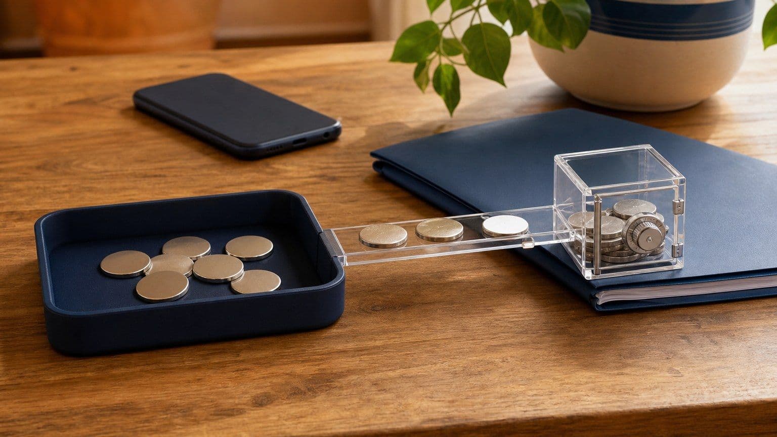 Bandeja digital y carpeta de inversión conectadas por monedas sin marcas sobre una mesa de madera.