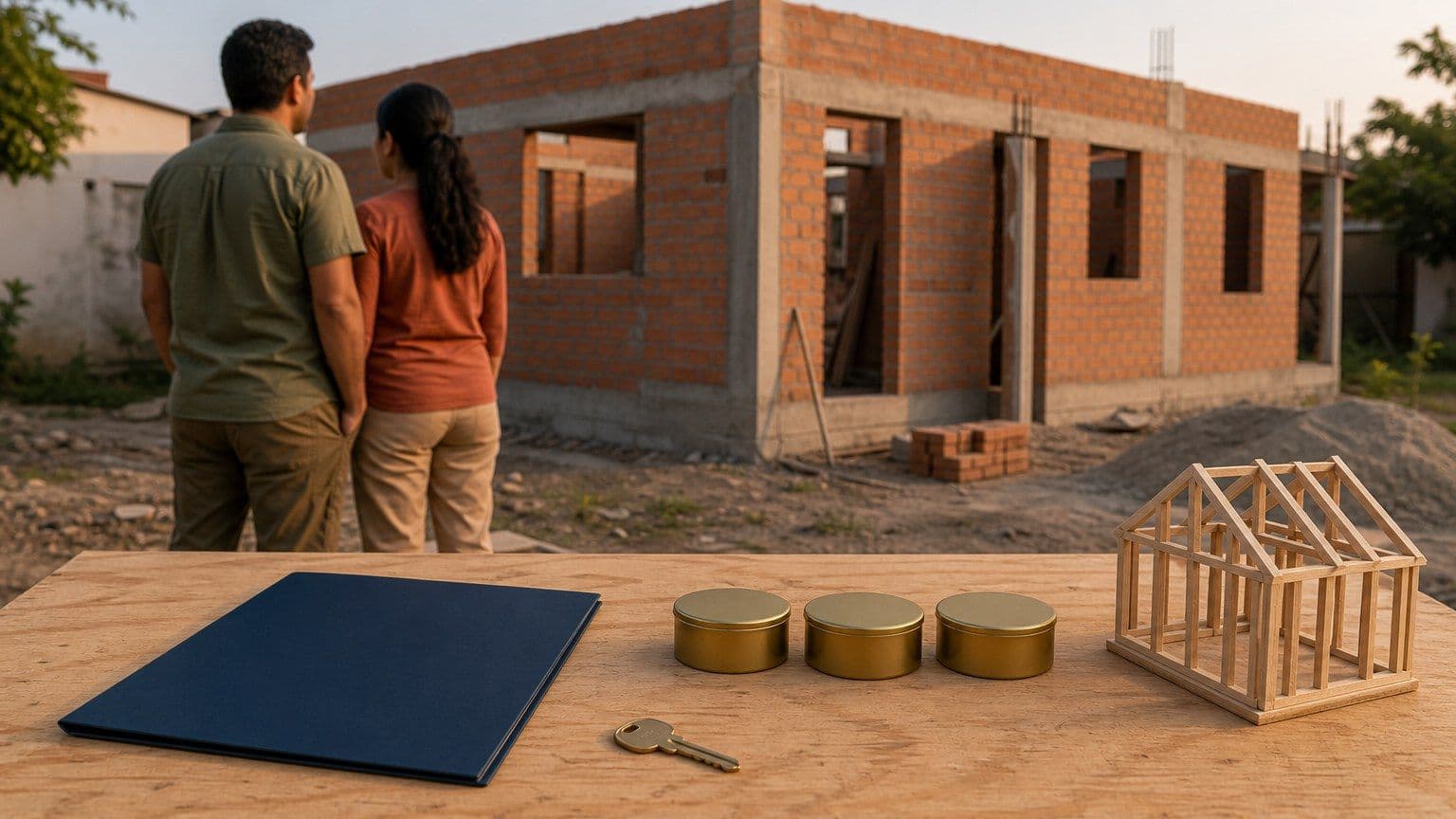 Pareja mexicana revisando una obra de vivienda con carpeta de crédito, llave y frascos de ministraciones sobre una mesa.