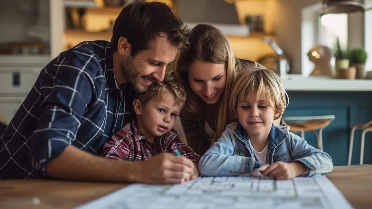 Una familia feliz jugando con sus hijos dentro de casa