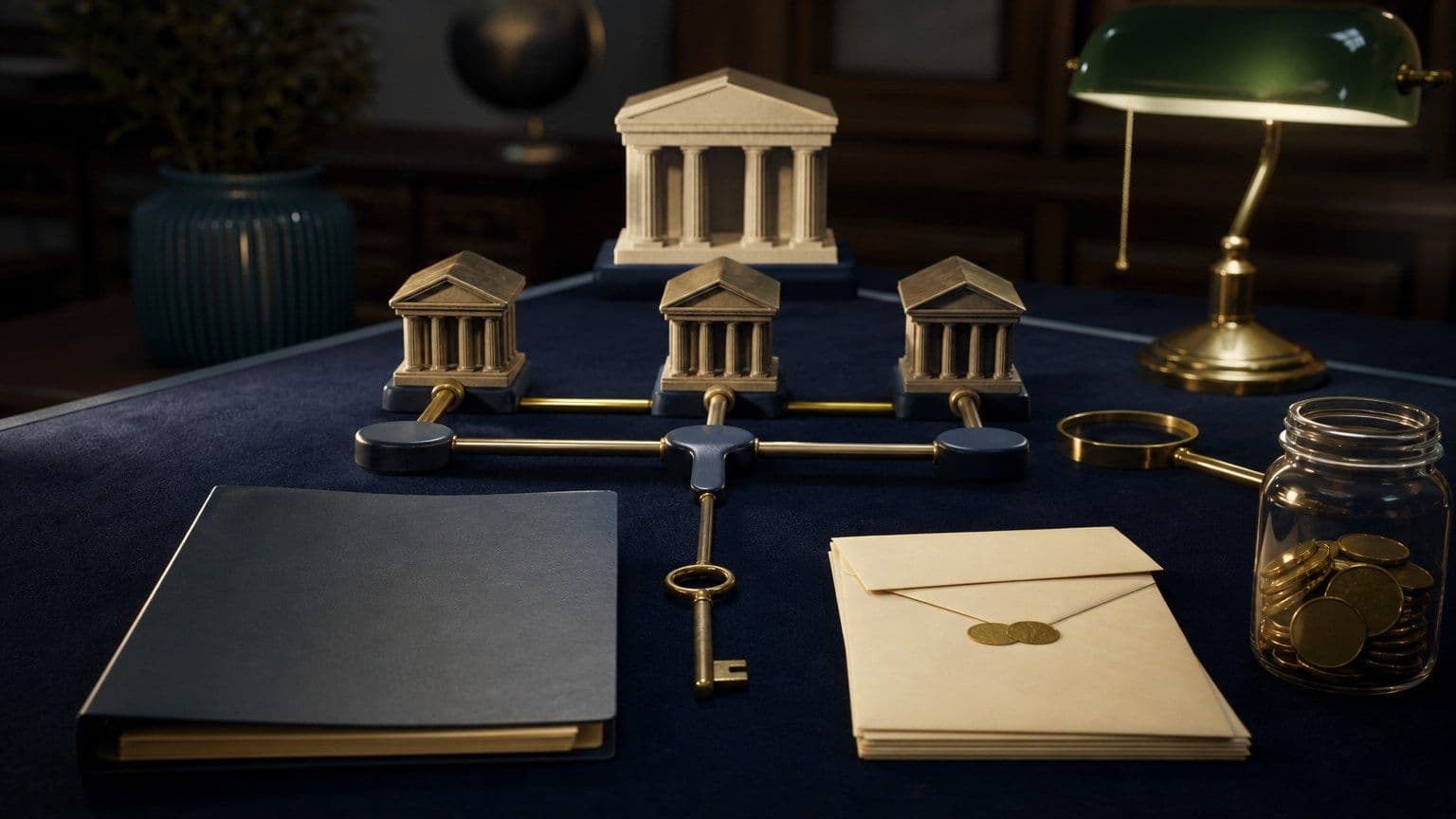 Escritorio de tasa interbancaria con modelos de bancos, riel de referencia, carpeta de crédito, llave y monedas.