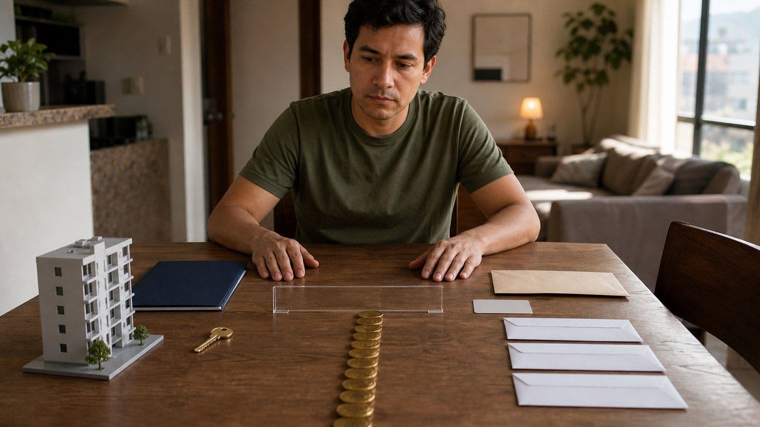 Persona revisando su preparación para un crédito Infonavit en una mesa con llaves, carpeta y sobres sin texto.