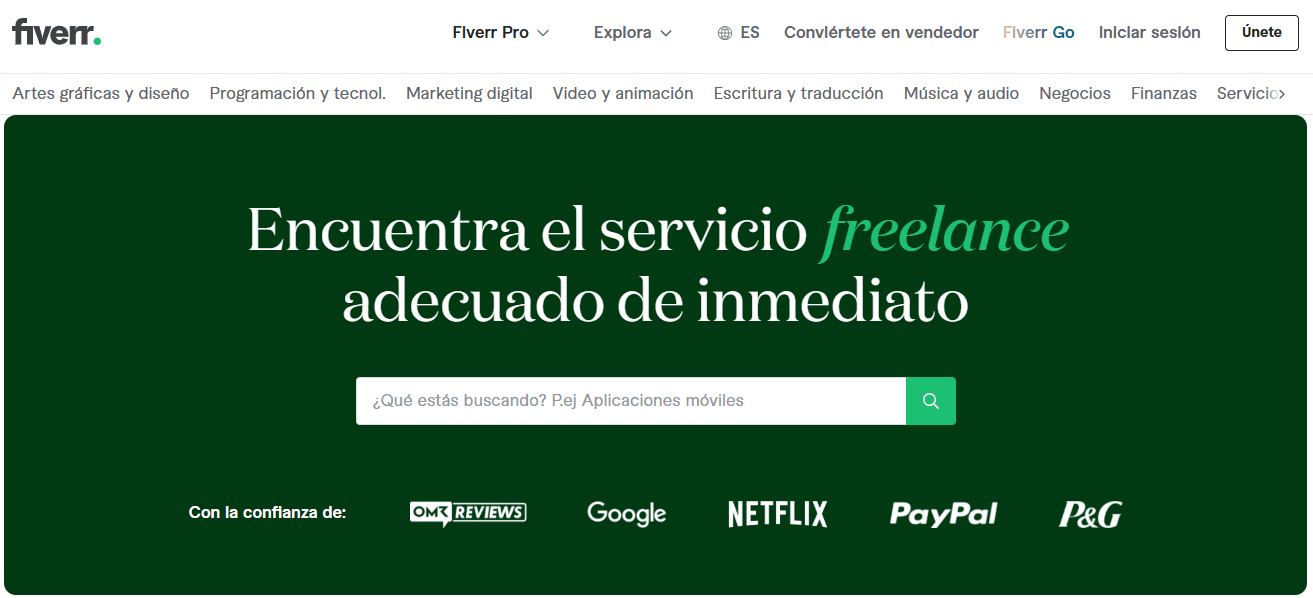 Pantallazo de la plataforma Fiverr