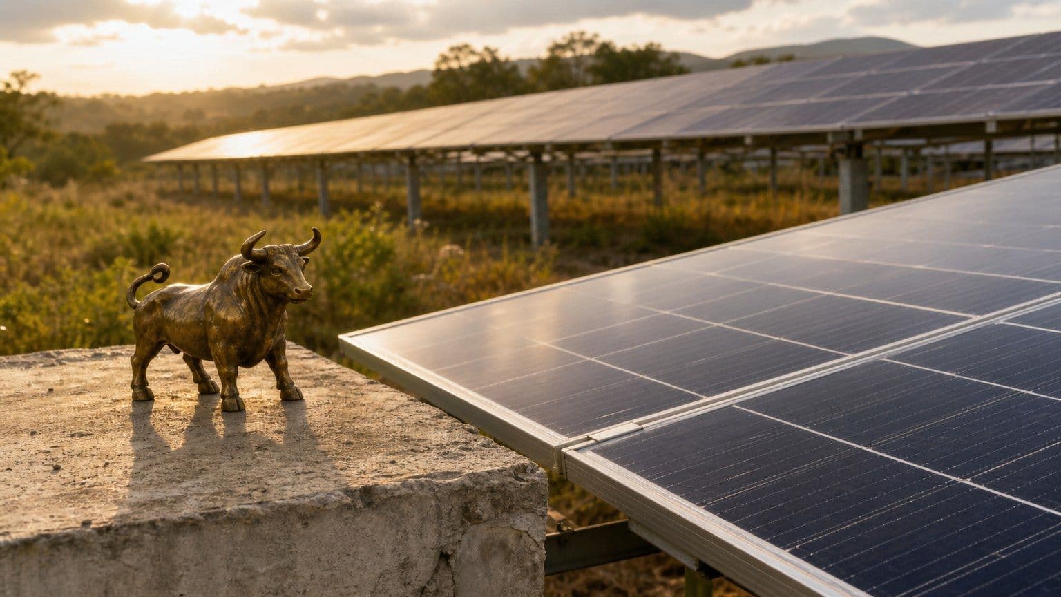 Paneles fotovoltaicos en un parque solar junto a una figura de toro de latón.