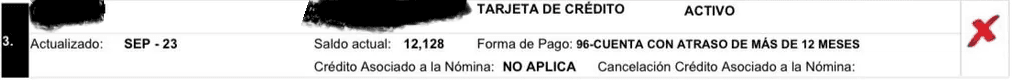 Pantalla de un mal reporte en el historial por una tarjeta de crédito
