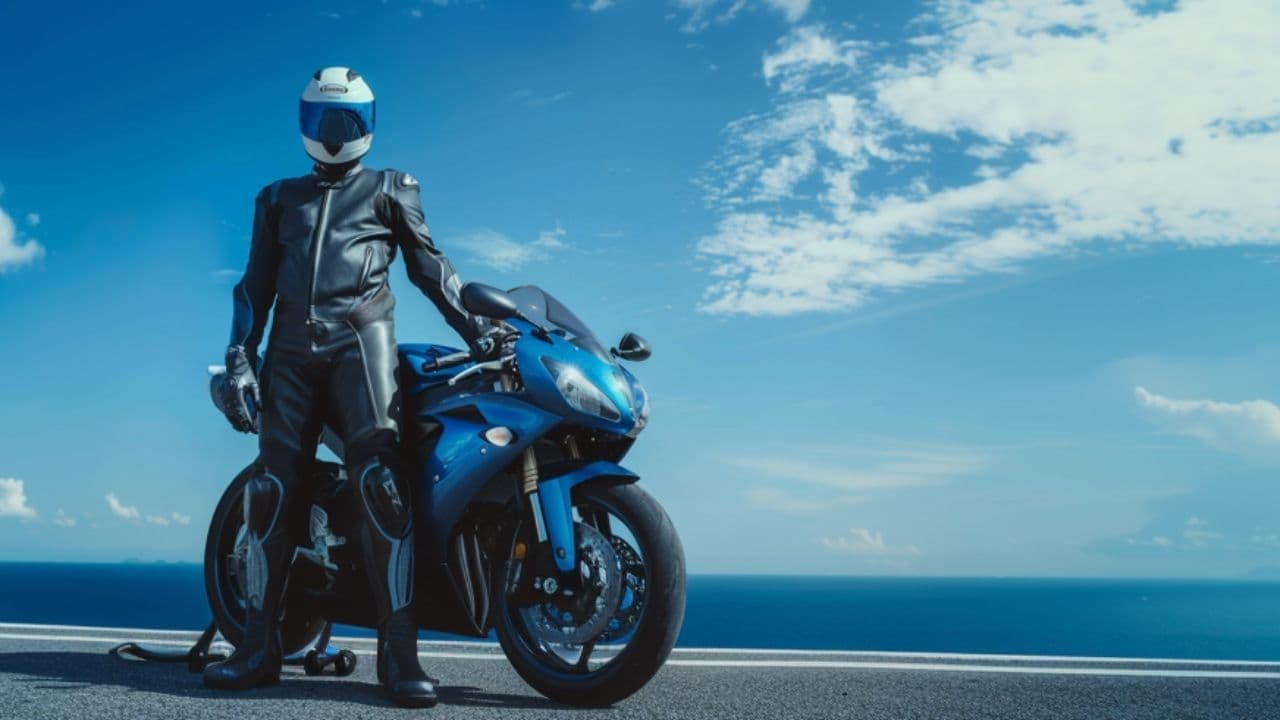 Un motorizado junto a su moto con el mar de fondo