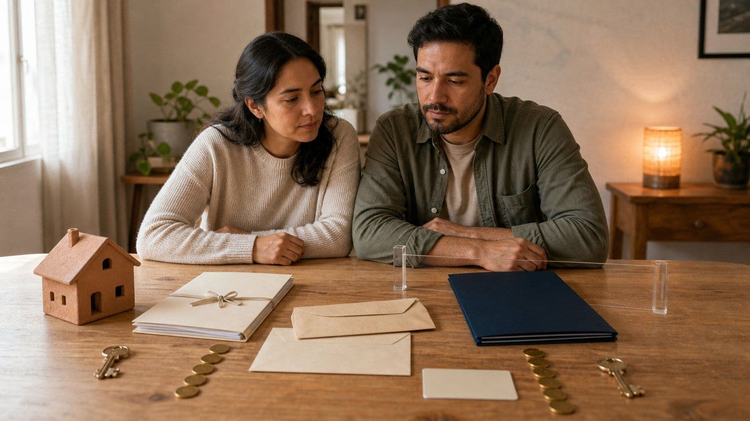 Pareja mexicana revisando un nuevo crédito de vivienda con llaves, documentos y presupuesto sobre la mesa.